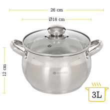 Laden Sie das Bild in den Galerie-Viewer, Daniks Classic Kochtopf aus Edelstahl mit Glasdeckel (3 L, Ø 18 cm)