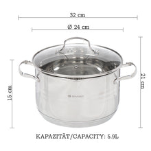 Laden Sie das Bild in den Galerie-Viewer, Daniks Tokio Kochtopf aus Edelstahl mit Glasdeckel (5.9L, Ø 24cm)
