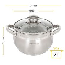 Laden Sie das Bild in den Galerie-Viewer, Daniks Classic Kochtopf aus Edelstahl mit Glasdeckel (2 L, Ø 16 cm)