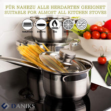 Laden Sie das Bild in den Galerie-Viewer, Daniks Standard Induction Saucepan Set Stainless Steel with Glass Lid (2 L + 3 L + 4 L)