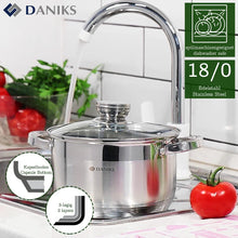 Laden Sie das Bild in den Galerie-Viewer, Daniks Standard Induction Saucepan Set Stainless Steel with Glass Lid (2 L + 3 L + 4 L)