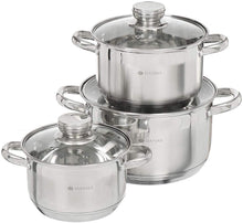 Laden Sie das Bild in den Galerie-Viewer, Daniks Standard Induction Saucepan Set Stainless Steel with Glass Lid (2 L + 3 L + 4 L)
