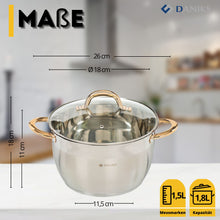 Laden Sie das Bild in den Galerie-Viewer, Daniks Vivat Gold Kochtopf aus Edelstahl mit Glasdeckel (1.8 L, Ø 18 cm)