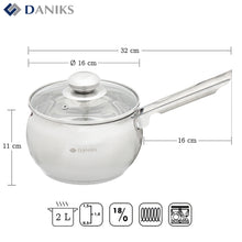 Laden Sie das Bild in den Galerie-Viewer, Daniks Classic Stielkasserolle aus Edelstahl mit Glasdeckel (2 L, Ø 16 cm)
