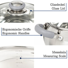 Laden Sie das Bild in den Galerie-Viewer, Daniks Modern Koctopfset aus Edelstahl mit Glasdeckel (2L, Ø 16cm + 2.9L, Ø 18cm + 4L, Ø 20cm)