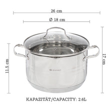 Laden Sie das Bild in den Galerie-Viewer, Daniks Tokio Kochtopf aus Edelstahl mit Glasdeckel (3L, Ø 18cm)