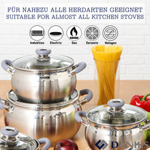 Laden Sie das Bild in den Galerie-Viewer, Daniks Modern Koctopfset aus Edelstahl mit Glasdeckel (2L, Ø 16cm + 2.9L, Ø 18cm + 4L, Ø 20cm)