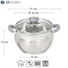 Laden Sie das Bild in den Galerie-Viewer, Daniks Modern Topf aus Edelstahl mit Glasdeckel (2.9 L, Ø 18 cm)