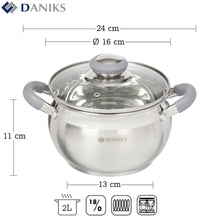 Laden Sie das Bild in den Galerie-Viewer, Daniks Modern Kochtopf aus Edelstahl mit Glasdeckel (2 L, Ø 16 cm)