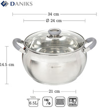 Laden Sie das Bild in den Galerie-Viewer, Daniks Modern Topf aus Edelstahl mit Glasdeckel (6.5 L, Ø 24 cm)