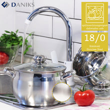 Laden Sie das Bild in den Galerie-Viewer, Daniks Classic Kochtopfset 6-tellig, aus Edelstahl, mit Glasdeckel, 2L+3L+4L
